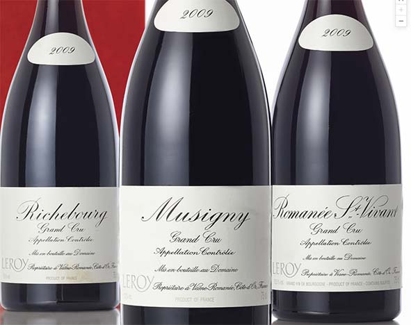 Tre vine fra Bourgogne-huset Leroy. Musigny Grand Cru i midten er ifølge Wine-Searcher verdens mest kostbare vin. Foto: Sotheby’s.