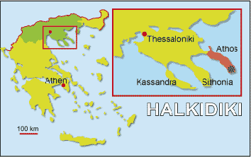 Makedonien er meget bjergrigt med Grækenlands højeste bjerg, Olympus, på 2917 meter. Som neglen på Halkidikis tredje finger – Athos-halvøen – ligger det hellige bjerg Athos (Aghion Oros).