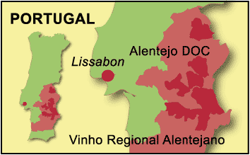 Den lysere røde farve viser hele Alentejo, hvor man kan lave en Vinho Regional. I de i alt otte områder med den mørkere farve kan man lave Alentejo DOC.