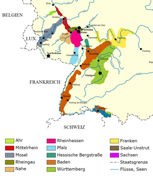 På kortet ses de fire vinregioner, Rheingau, Mittelrhein, Mosel og Ahr, VinAvisen besøgte på turen.