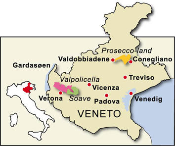 Appellationen Valpolicella ligger i Veneto-regionen, som også er markeret med rødt på kortet over Italien.