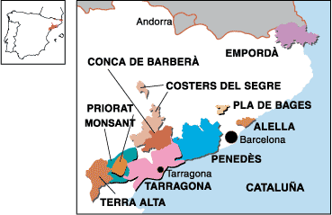 På kortet over Catalonien markerer den lyseblå farve cava-området Penedès, som ligger cirka 40 kilometer syd for Barcelona.